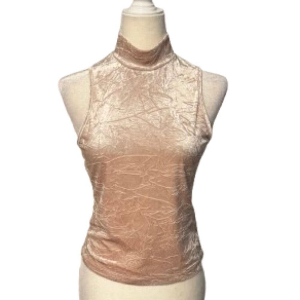 525 Champagne Gold Velvet Crinkle High Neck Sleeveless Top - Picture 1 of 7